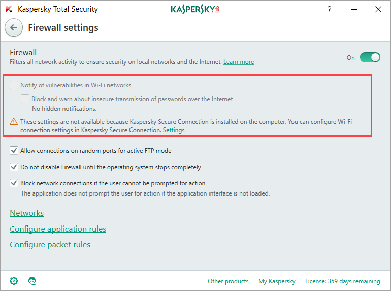 Image: Firewall settings in Kaspersky Total Security