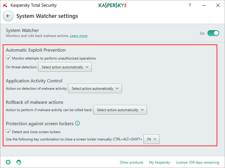 Image: the System Watcher settings window in Kaspersky Total Security