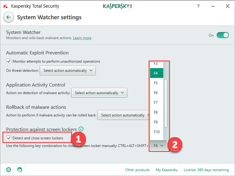 Image: the System Watcher settings window in Kaspersky Total Security