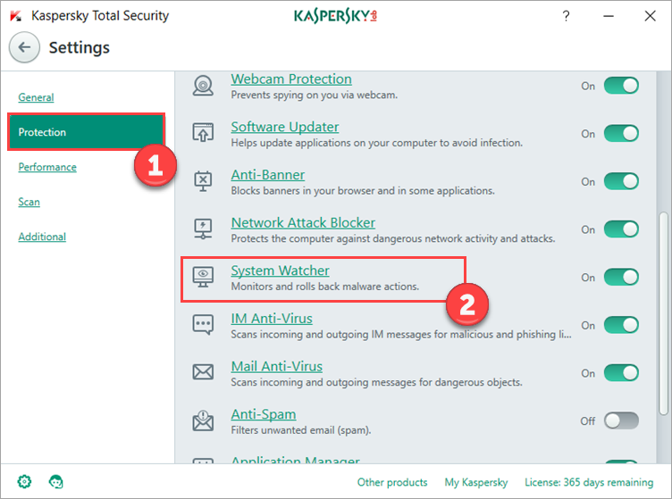 Image: Kaspersky Total Security Settings window