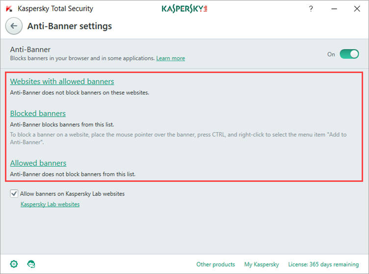 Image: the Anti-Banner settings in Kaspersky Total Security