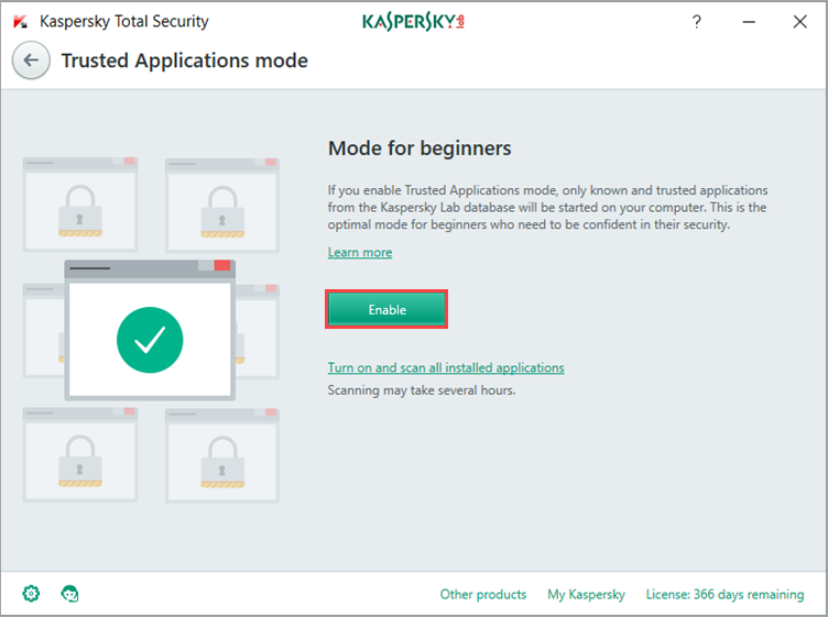 Image: the Trusted Applications mode window in Kaspersky Total Security