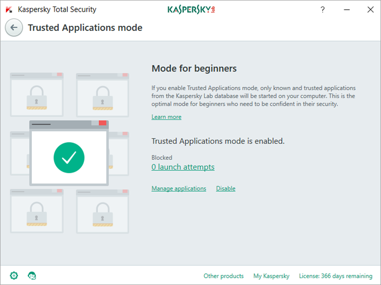 Image: the Trusted Applications mode window in Kaspersky Total Security
