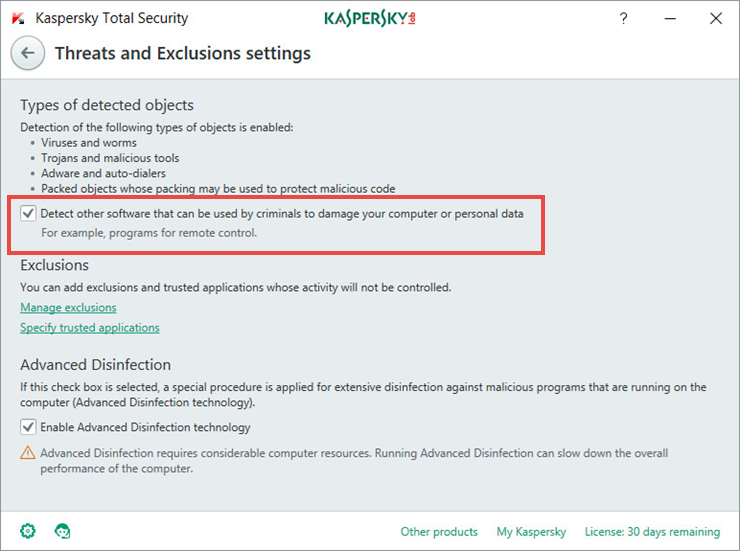 Image: Threats and Exclusions window in Kaspersky Total Security 2018