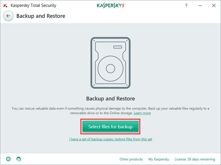 Image: the Backup and Restore window in Kaspersky Total Security 2018