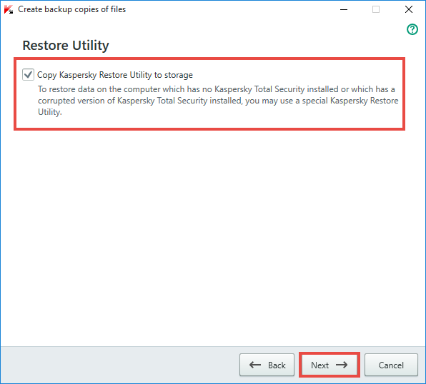 Image: Copy Kaspersky Restore Utility to storage window