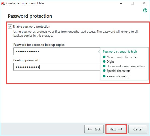 Image: Password protection for backup files window