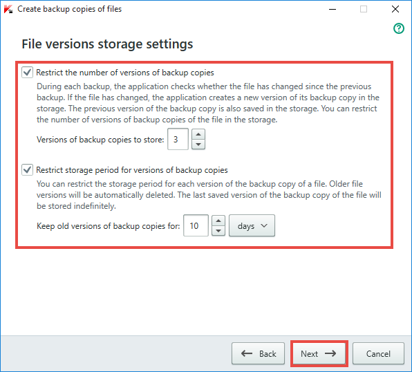 Image: File versions storage settings window