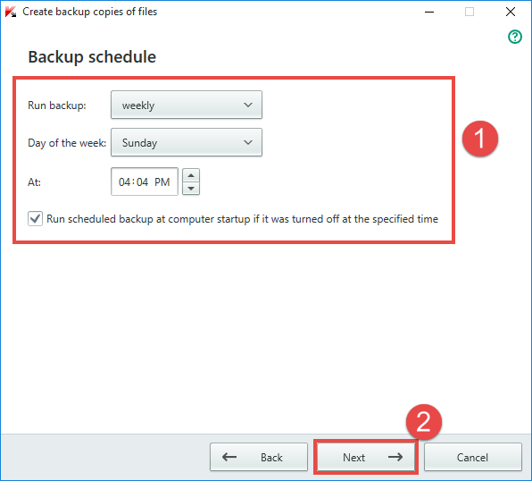 Image: the Backup schedule window in Kaspersky Total Security 2018