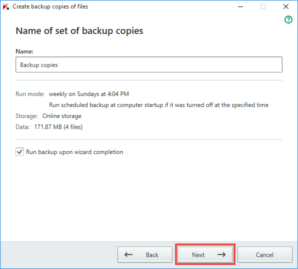 Image: Name of backup copies window in Kaspersky Total Security 2018