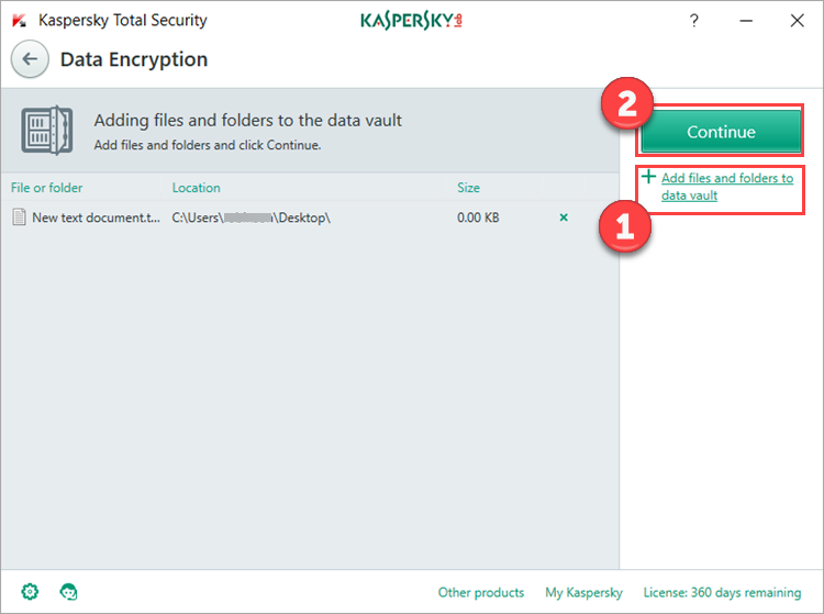 Image: the Data Encryption window in Kaspersky Total Security