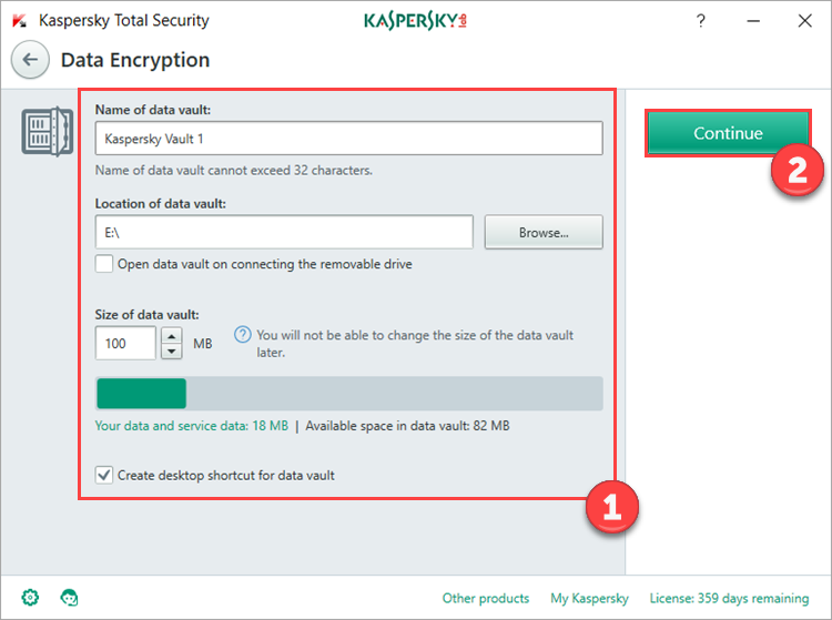 Image: creating a vault in Kaspersky Total Security