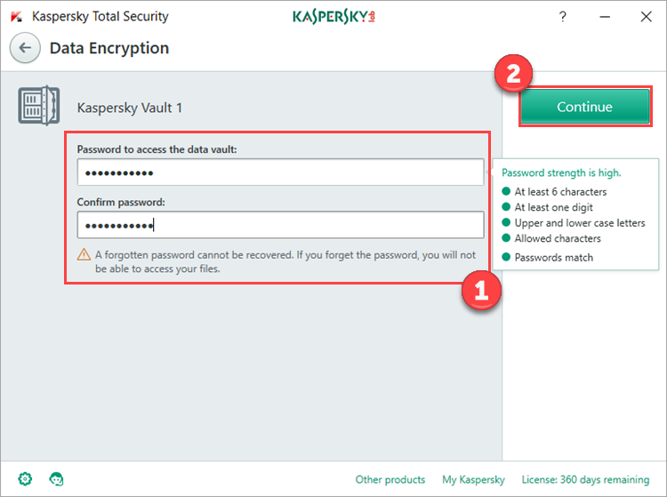 Image: setting a vault password in Kaspersky Total Security