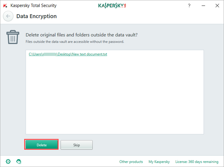 Image: deleting the files from their initial location in Kaspersky Total Security