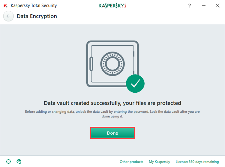 Image: vault creation completed in Kaspersky Total Security