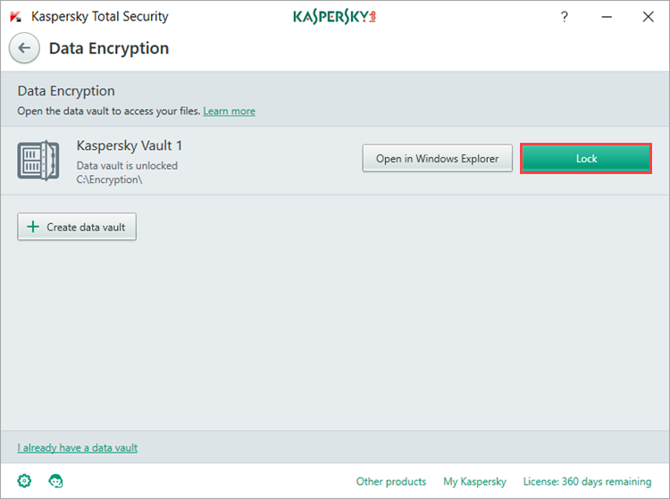 Image: encryption of data in the vault in Kaspersky Total Security
