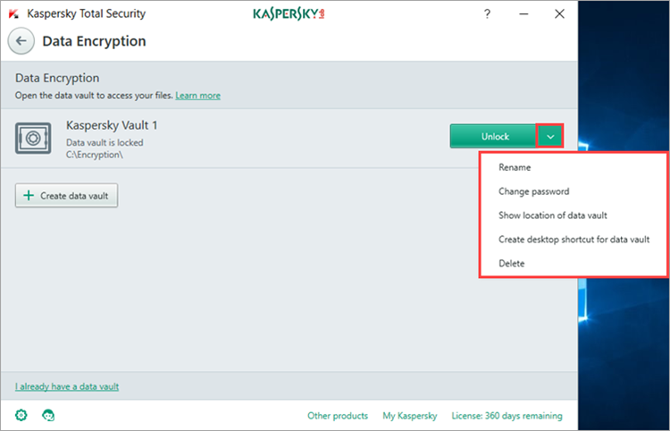 Image: changing the vault settings in Kaspersky Total Security 