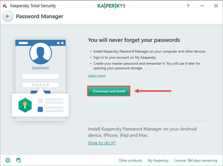 Image: the download and install window of Kaspersky Password Manager