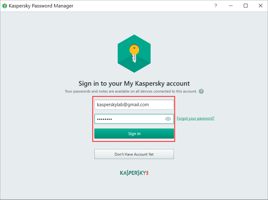 Image: connecting Kaspersky Password Manager to the My Kaspersky portal.
