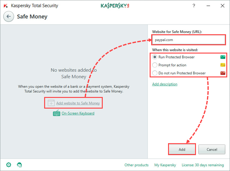 Image: the Secure Connection window in Kaspersky Total Security 2018