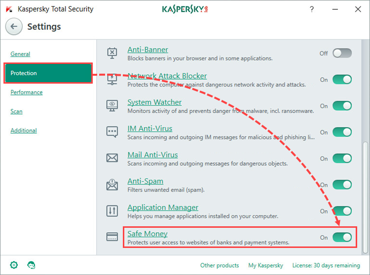 Image: the Settings window of Kaspersky Total Security 2018