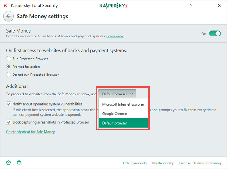 Image: the Safe Money settings window in Kaspersky Total Security 2018
