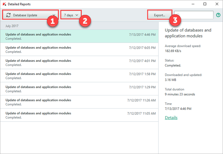 Image: the Detailed Reports window in Kaspersky Total Security 2018 