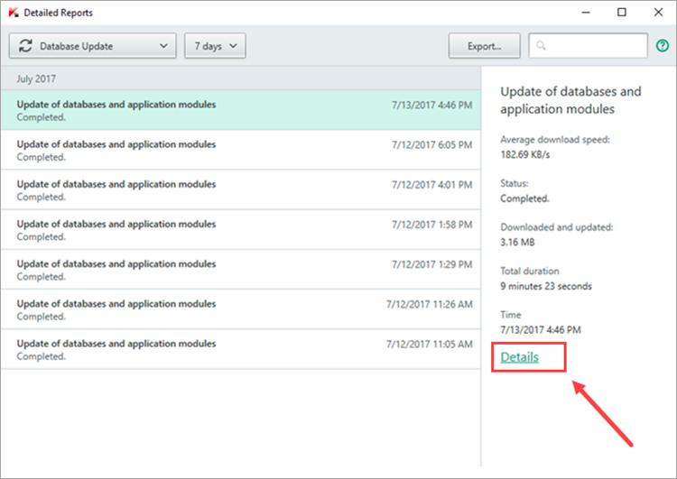 Image: the Detailed Reports window in Kaspersky Total Security 