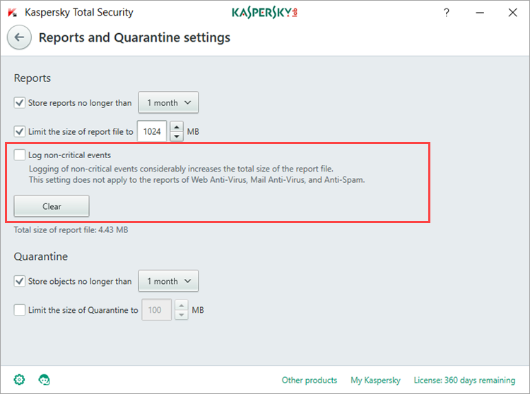 Image: the Reports and Quarantine settings window in Kaspersky Total Security 