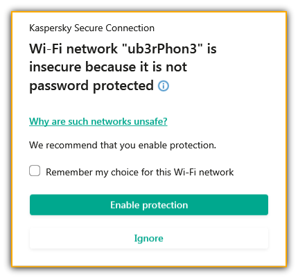 Kaspersky VPN Secure Connection Wi-Fi network issue message