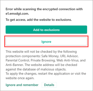 Error during an encrypted connection scan in a Kaspersky application.