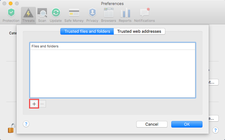 Image: Trusted files and folders tab in the Trusted Zone window