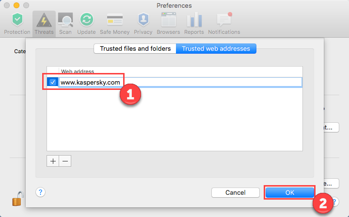 Image: Trusted files and folders tab in the Trusted Zone window