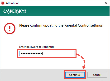 Entering the password for accessing Parental Control in Kaspersky Internet Security 19