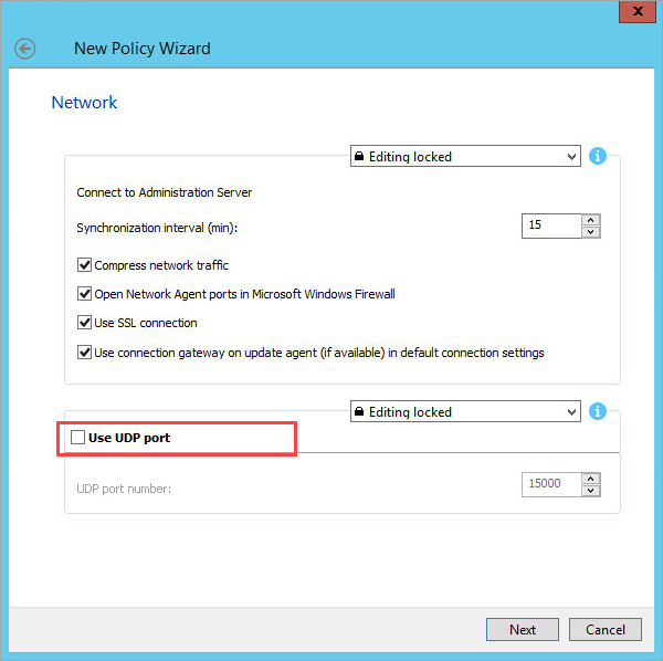 The Use UDP port checkbox at the Network step when creating the Network Agent policy.