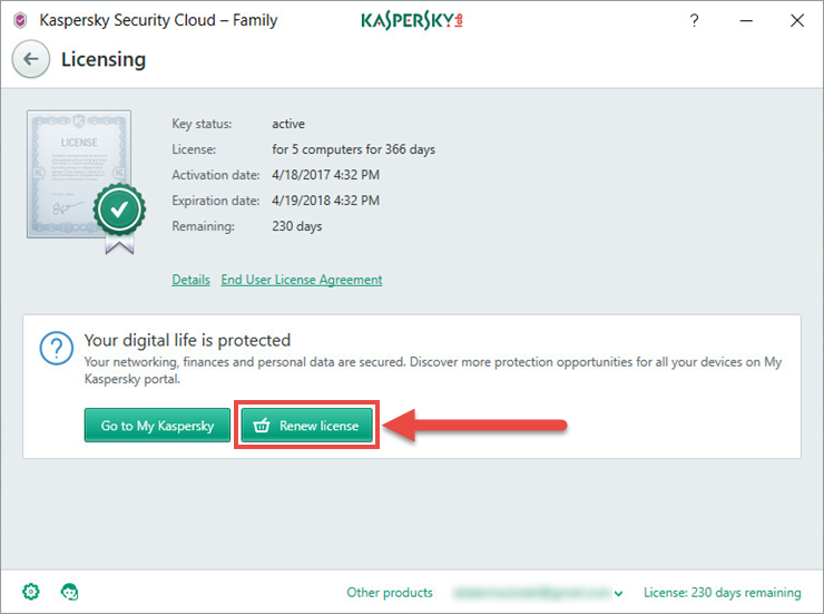 Image: Kaspersky Security Cloud licensing window
