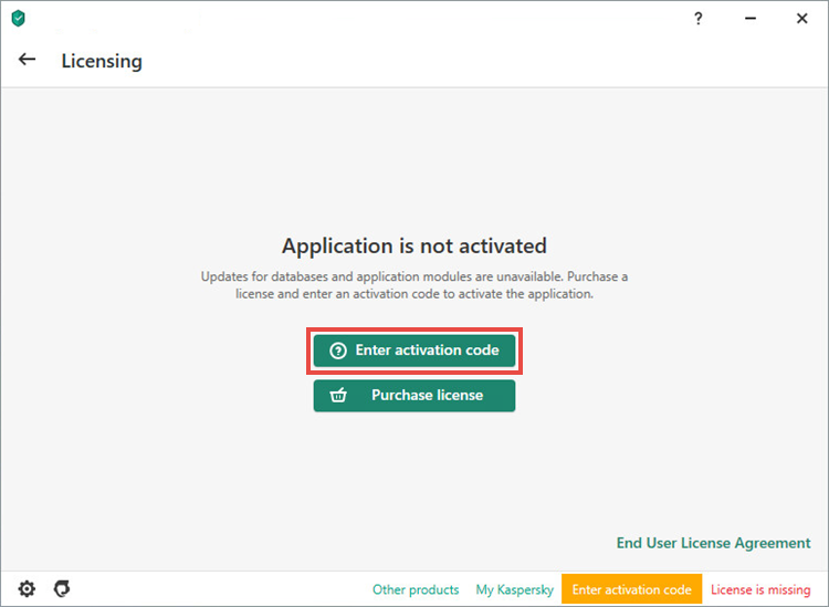 Opening the Activation window in a Kaspersky application