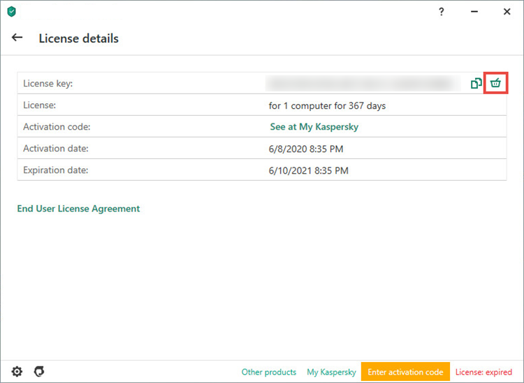 Removing the license key from a Kaspersky application.