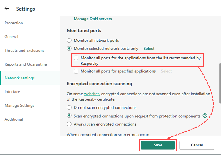 Disabling monitoring for the applications from the list recommended by Kaspersky