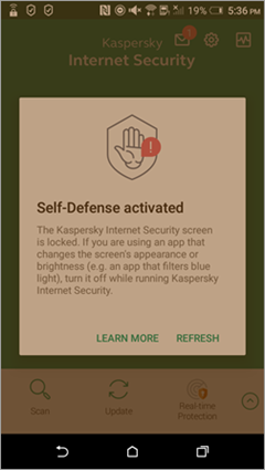 Kaspersky Internet Security for Android interface while a blue light filtering app is running