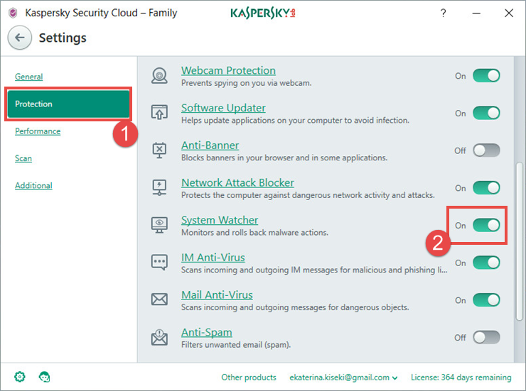 Картинка: окно Настройка в Kaspersky Security Cloud