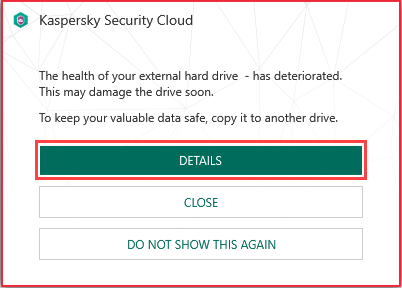 Viewing information about hard drive damage in Kaspersky Security Cloud 19