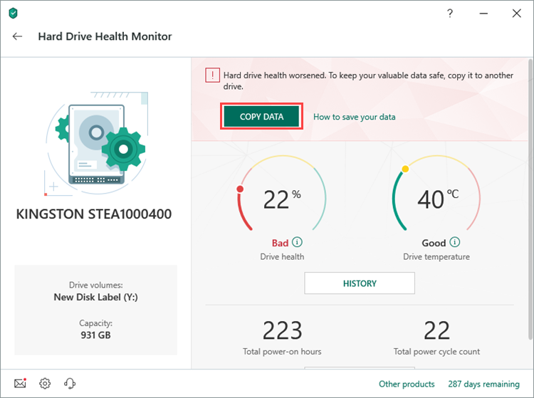 Copying data from the hard drive with Kaspersky Security Cloud 19