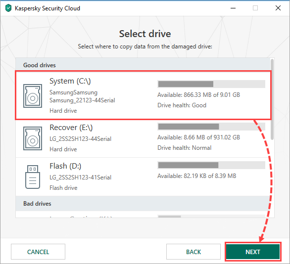 Selecting a drive to copy data to with Kaspersky Security Cloud 19
