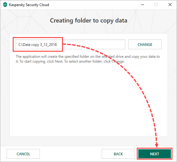 Selecting a folder to copy to a good drive with Kaspersky Security Cloud 19
