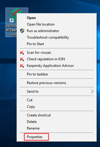 Context menu of Kaspersky Security Cloud shortcut