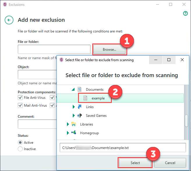 Image: Add file or folder to exclusions window in Kaspersky Security Cloud