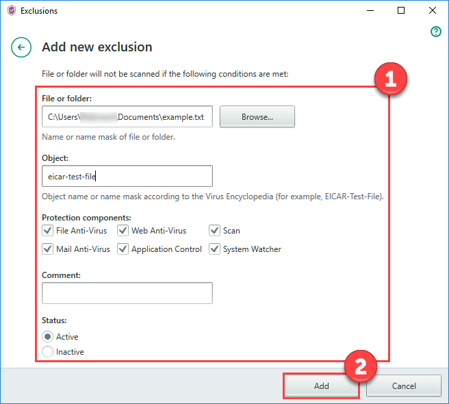 Image: Add new exclusions window in Kaspersky Security Cloud