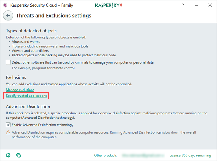 Image: Threats and Exclusions settings window in Kaspersky Security Cloud
