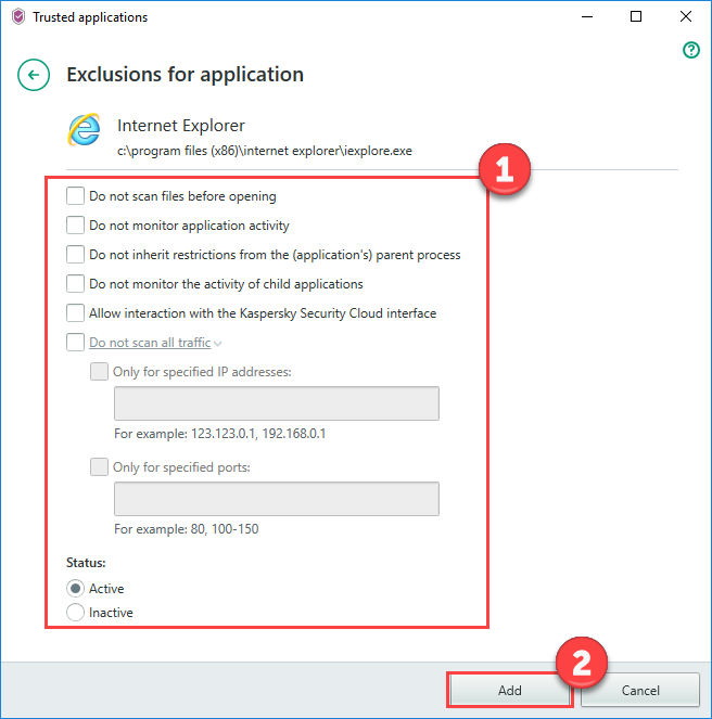 Image: Exclusions for applications window in Kaspersky Security Cloud